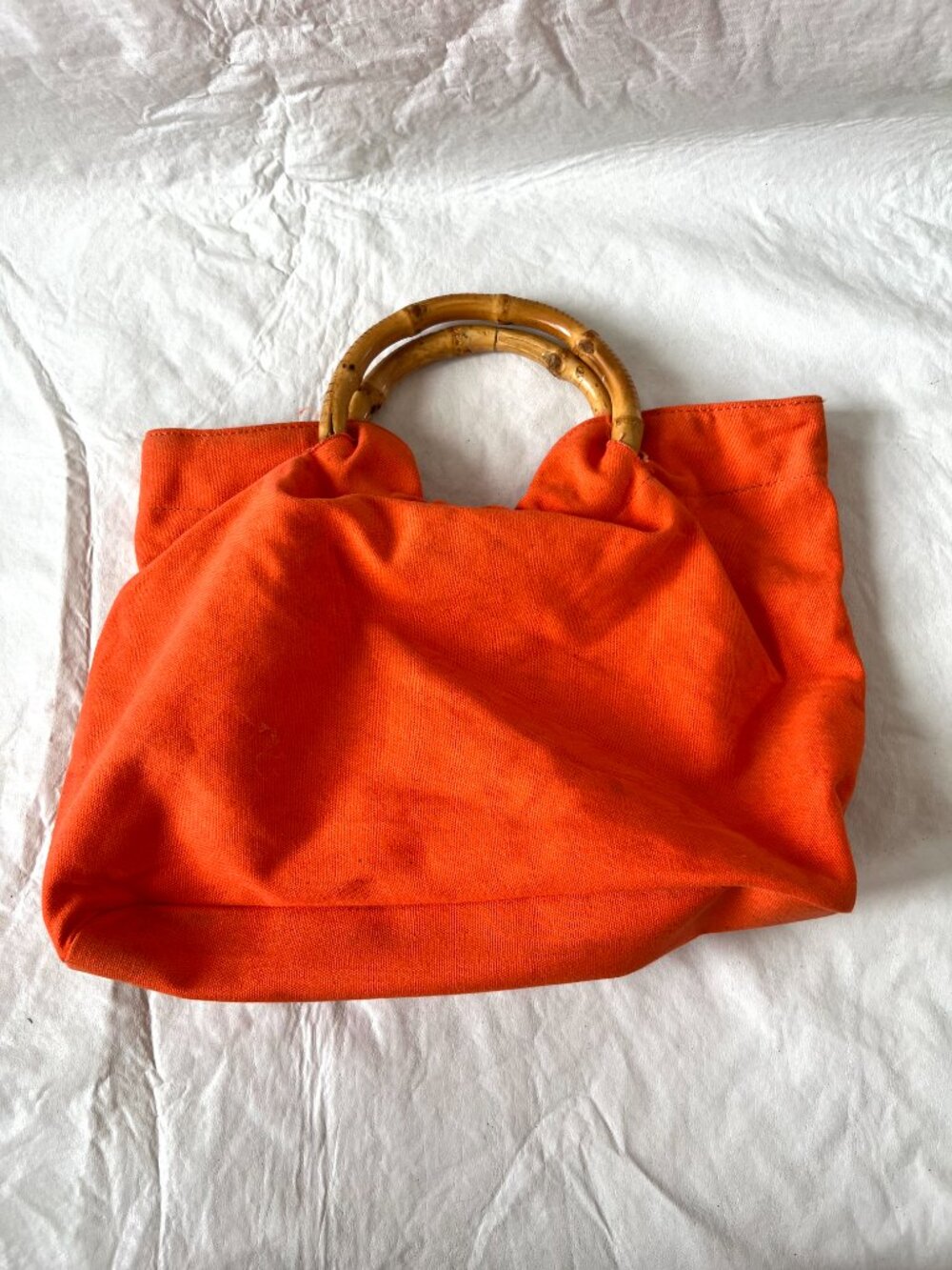 Bamboo bag orange canvas round handles beach summer lightweight handbag purse - Picture 4 of 10